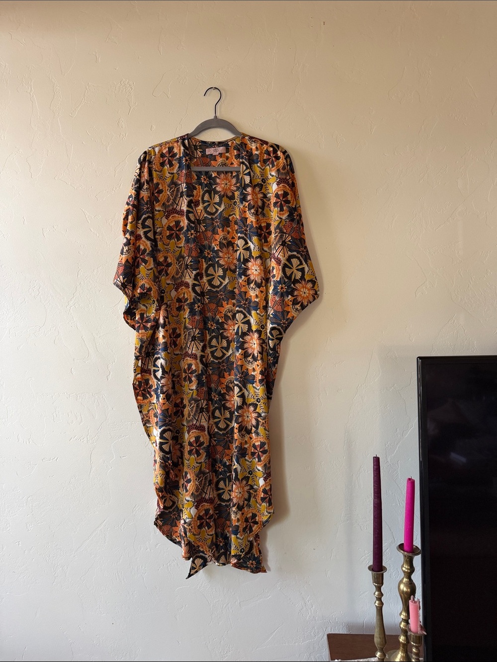 TP-Link Floral Print Open Kimono in Black, Orange & Yellow
